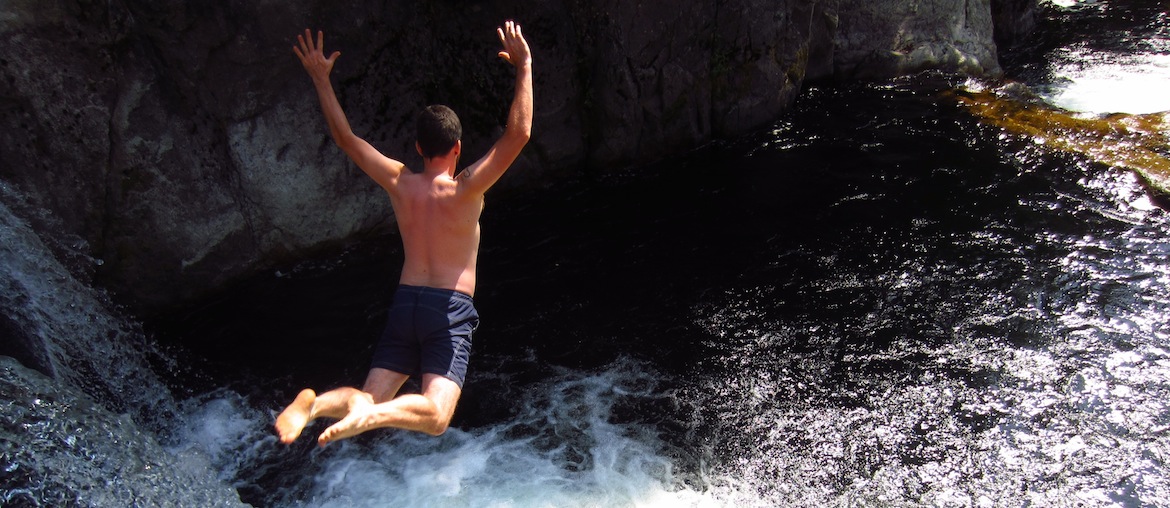 Nate Duke cliff jumping on the Washougal River.